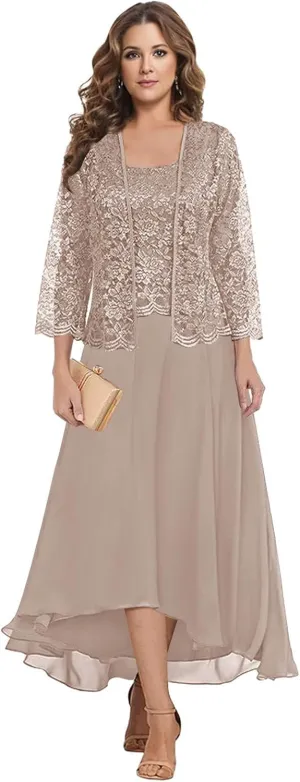 MAGGCIF Lace Mother of The Bride Dresses with Jacket 2 Pieces Chiffon Ruffle Long Evening Formal Wedding Guest Dress