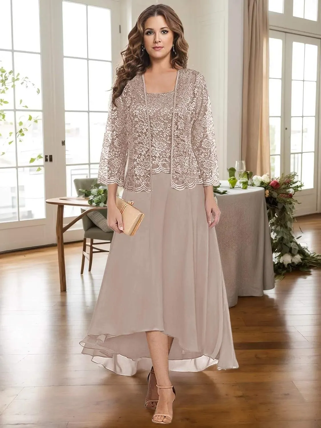 MAGGCIF Lace Mother of The Bride Dresses with Jacket 2 Pieces Chiffon Ruffle Long Evening Formal Wedding Guest Dress