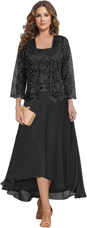 MAGGCIF Lace Mother of The Bride Dresses with Jacket 2 Pieces Chiffon Ruffle Long Evening Formal Wedding Guest Dress