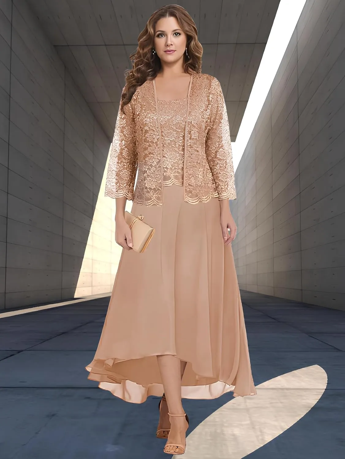 MAGGCIF Lace Mother of The Bride Dresses with Jacket 2 Pieces Chiffon Ruffle Long Evening Formal Wedding Guest Dress