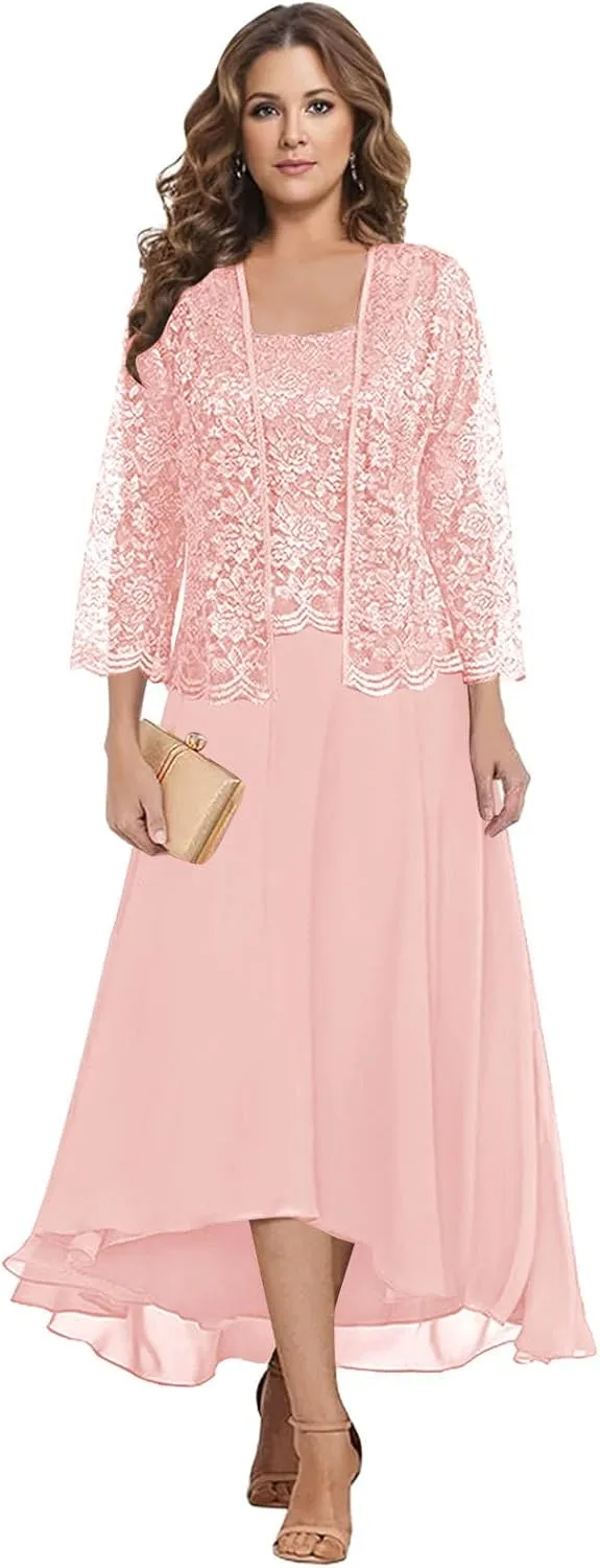 MAGGCIF Lace Mother of The Bride Dresses with Jacket 2 Pieces Chiffon Ruffle Long Evening Formal Wedding Guest Dress