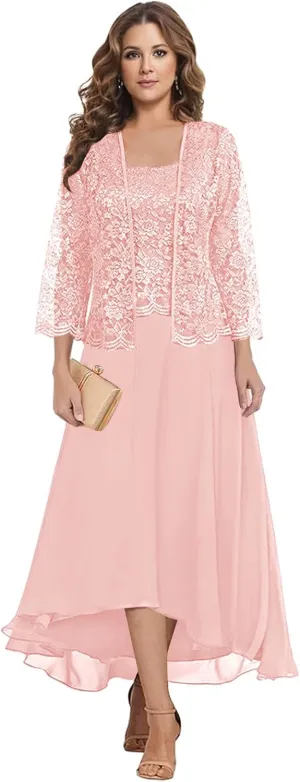 MAGGCIF Lace Mother of The Bride Dresses with Jacket 2 Pieces Chiffon Ruffle Long Evening Formal Wedding Guest Dress