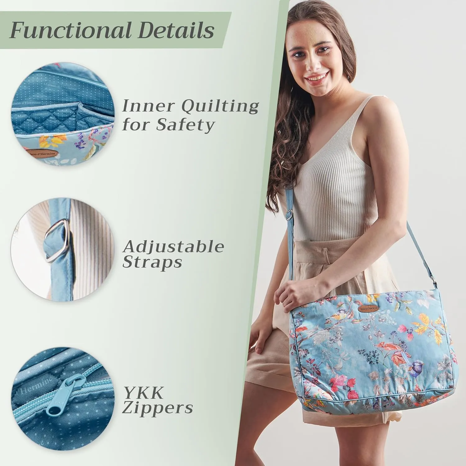 Maison d' Hermine Hand Bag Cotton Adjustable Shoulder Strap Cross Body Bag Tote purse with Zippered & Slip Pockets