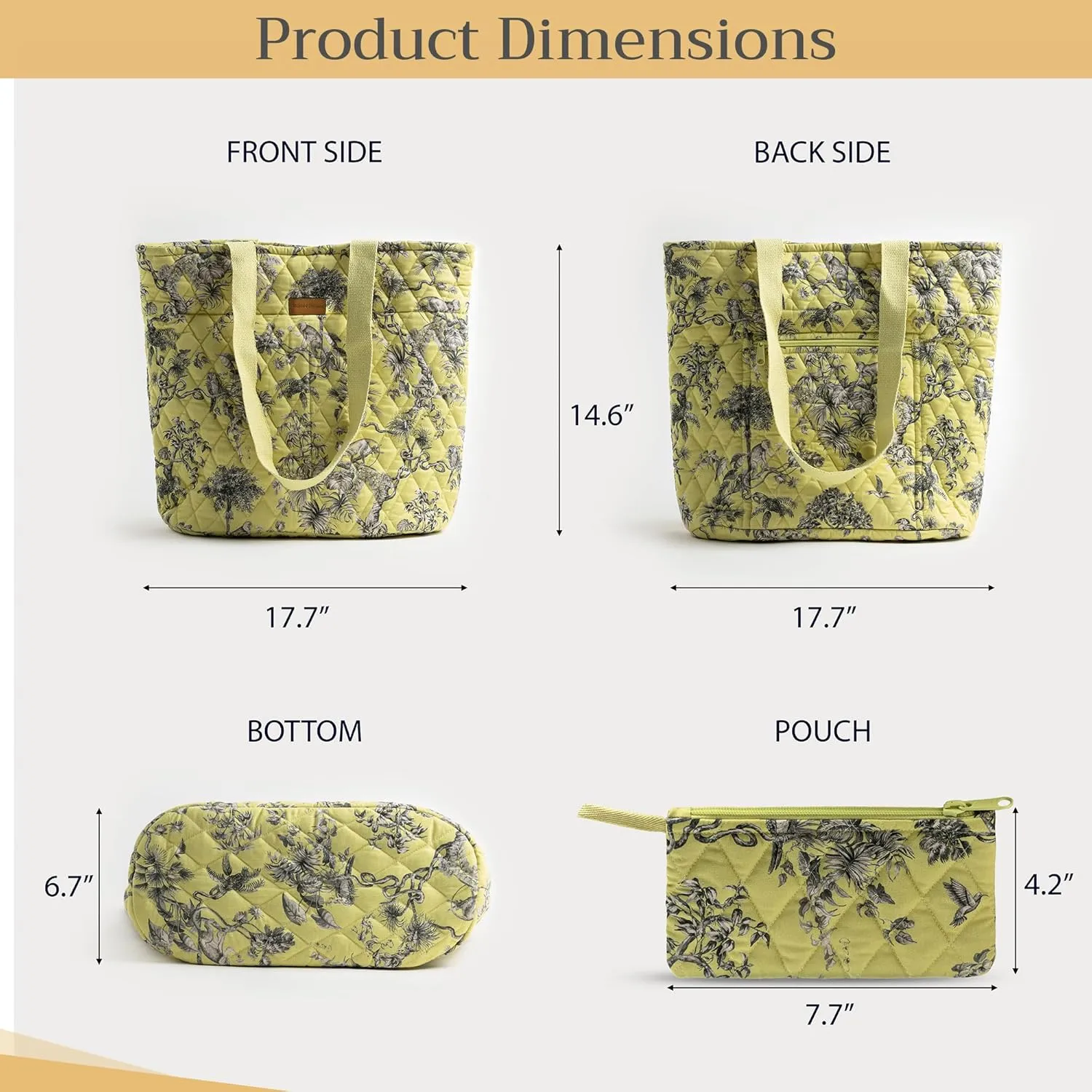 Maison d' Hermine Shopping Bags Cotton Quilted Tote Bag with Zipper Pockets Small Pouch Reusable Grocery Bag Work Travel