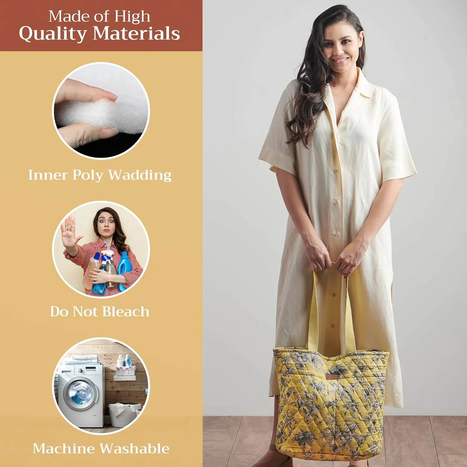 Maison d' Hermine Shopping Bags Cotton Quilted Tote Bag with Zipper Pockets Small Pouch Reusable Grocery Bag Work Travel