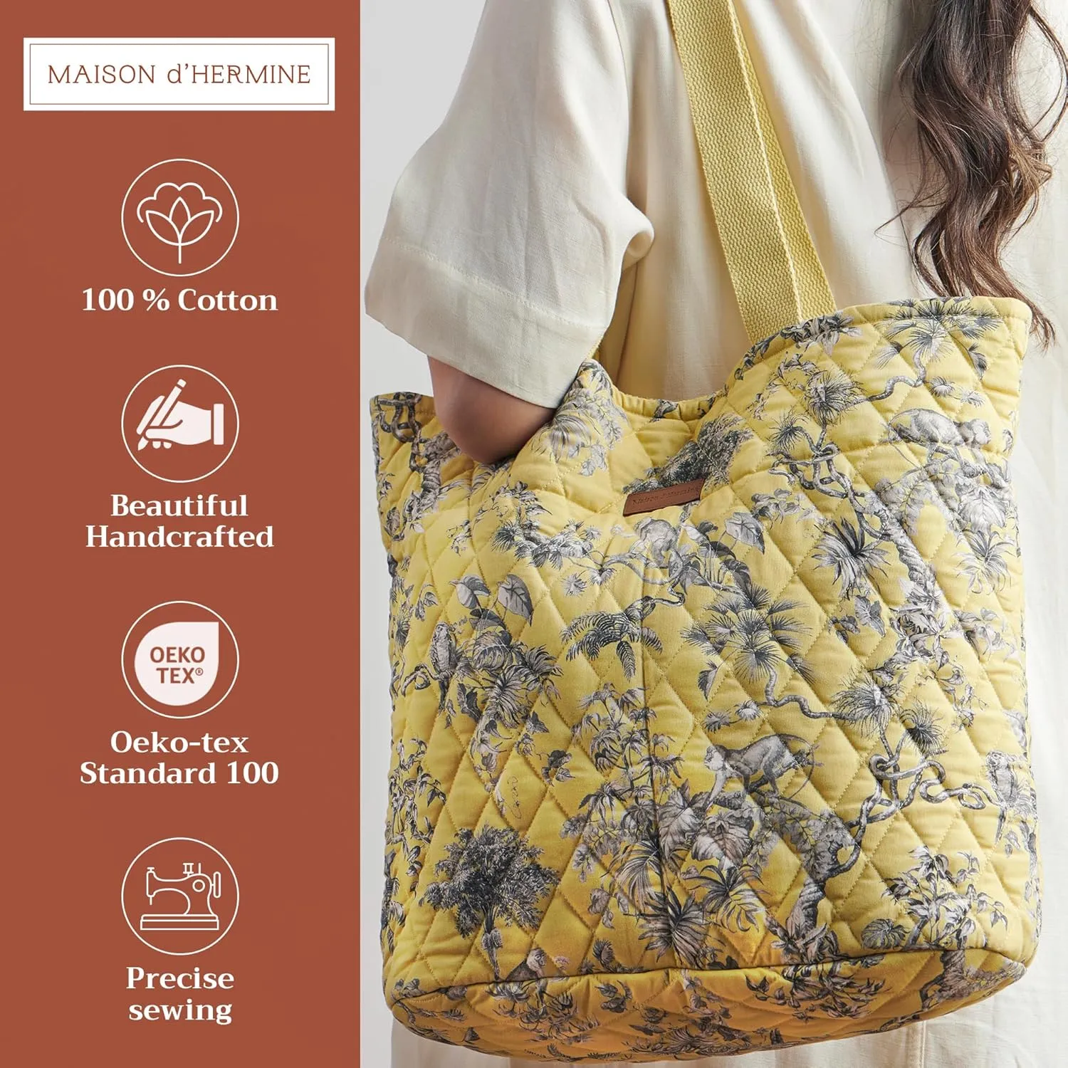 Maison d' Hermine Shopping Bags Cotton Quilted Tote Bag with Zipper Pockets Small Pouch Reusable Grocery Bag Work Travel
