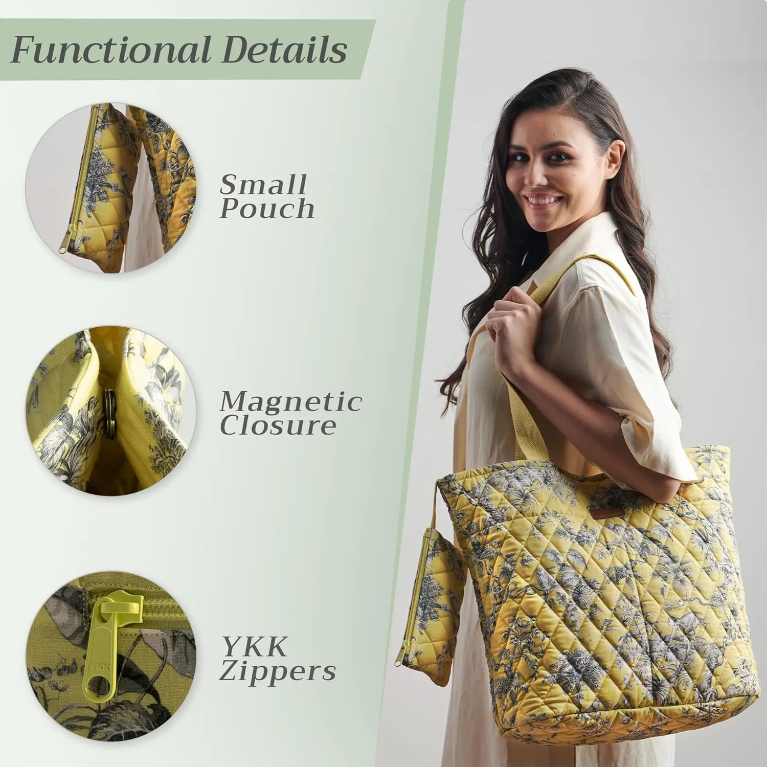 Maison d' Hermine Shopping Bags Cotton Quilted Tote Bag with Zipper Pockets Small Pouch Reusable Grocery Bag Work Travel