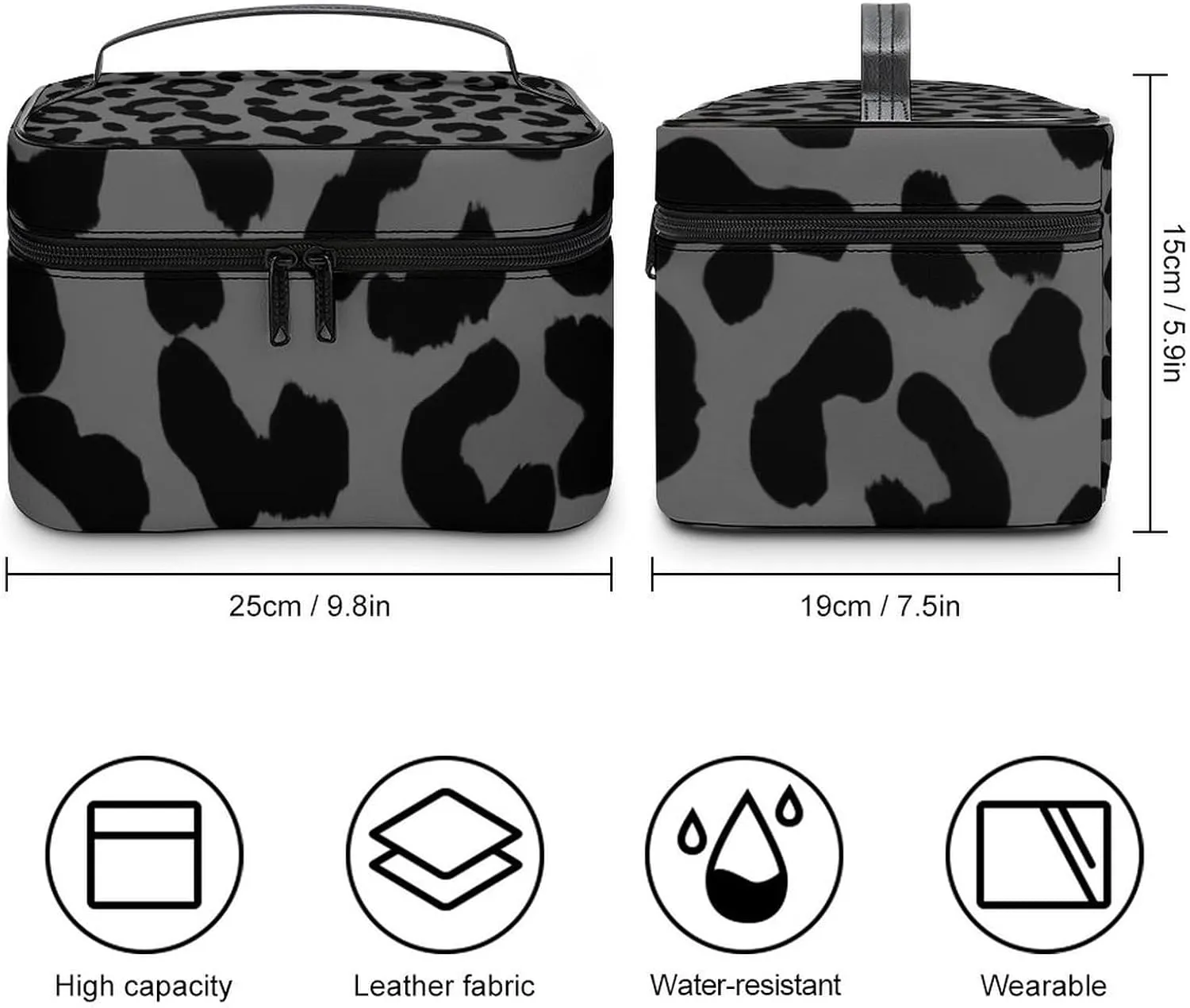 Make Up Bags Dark Gray Black Leopard Cheetah Print Cosmetics Organizer Case for Women, Travel Toiletry Brushes Storage Bag with Carry Handle