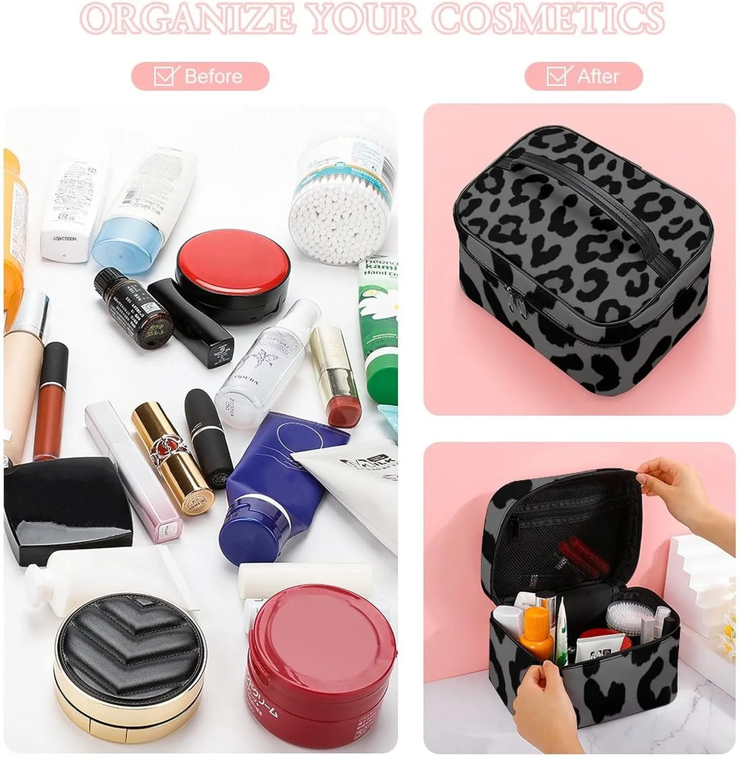 Make Up Bags Dark Gray Black Leopard Cheetah Print Cosmetics Organizer Case for Women, Travel Toiletry Brushes Storage Bag with Carry Handle