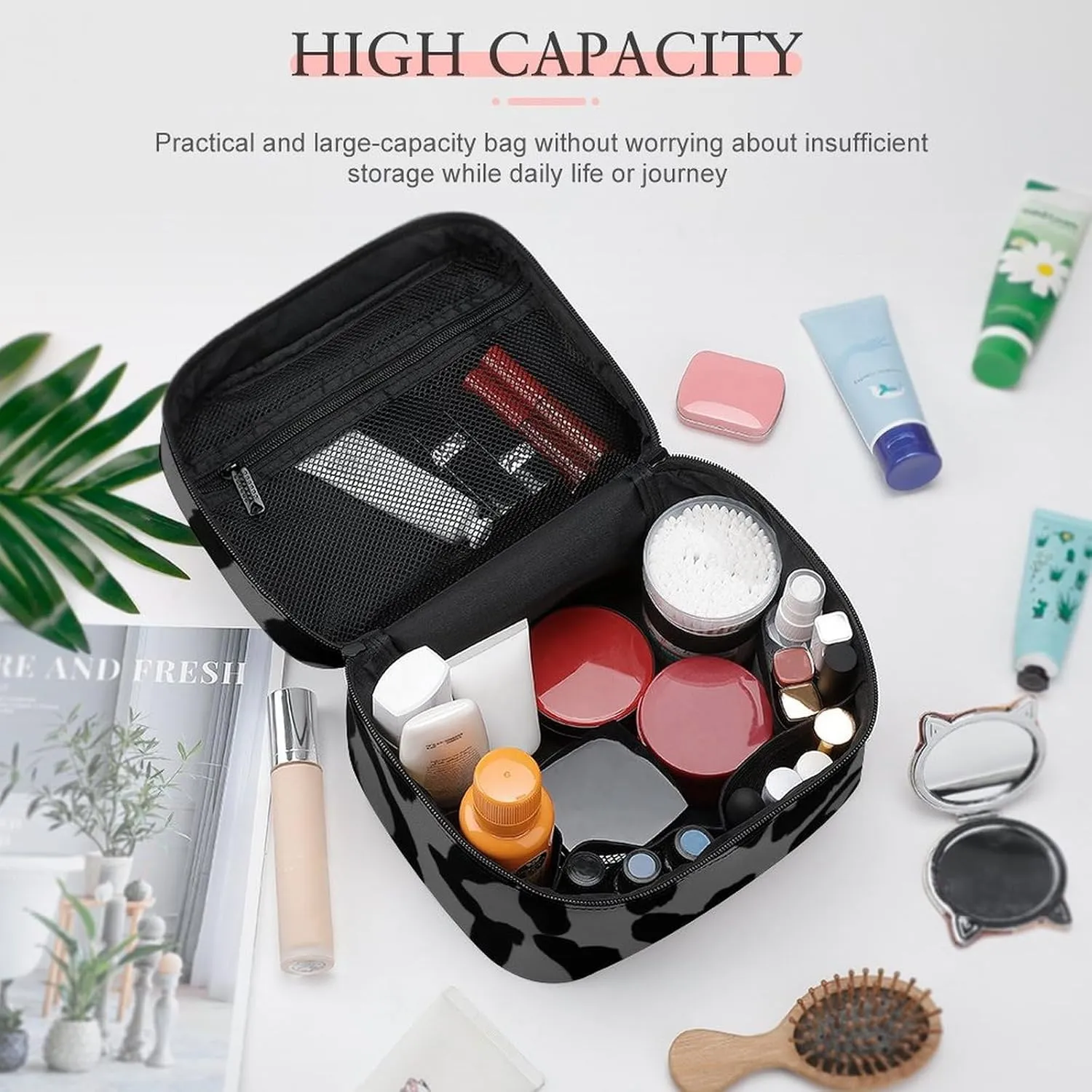 Make Up Bags Dark Gray Black Leopard Cheetah Print Cosmetics Organizer Case for Women, Travel Toiletry Brushes Storage Bag with Carry Handle
