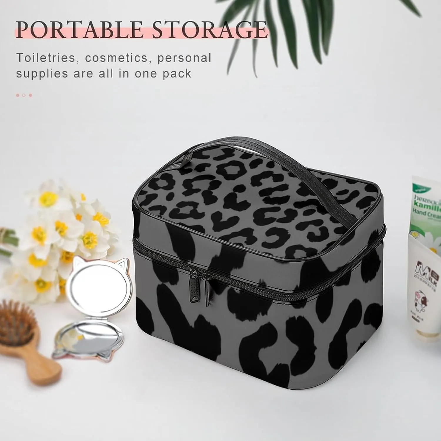 Make Up Bags Dark Gray Black Leopard Cheetah Print Cosmetics Organizer Case for Women, Travel Toiletry Brushes Storage Bag with Carry Handle