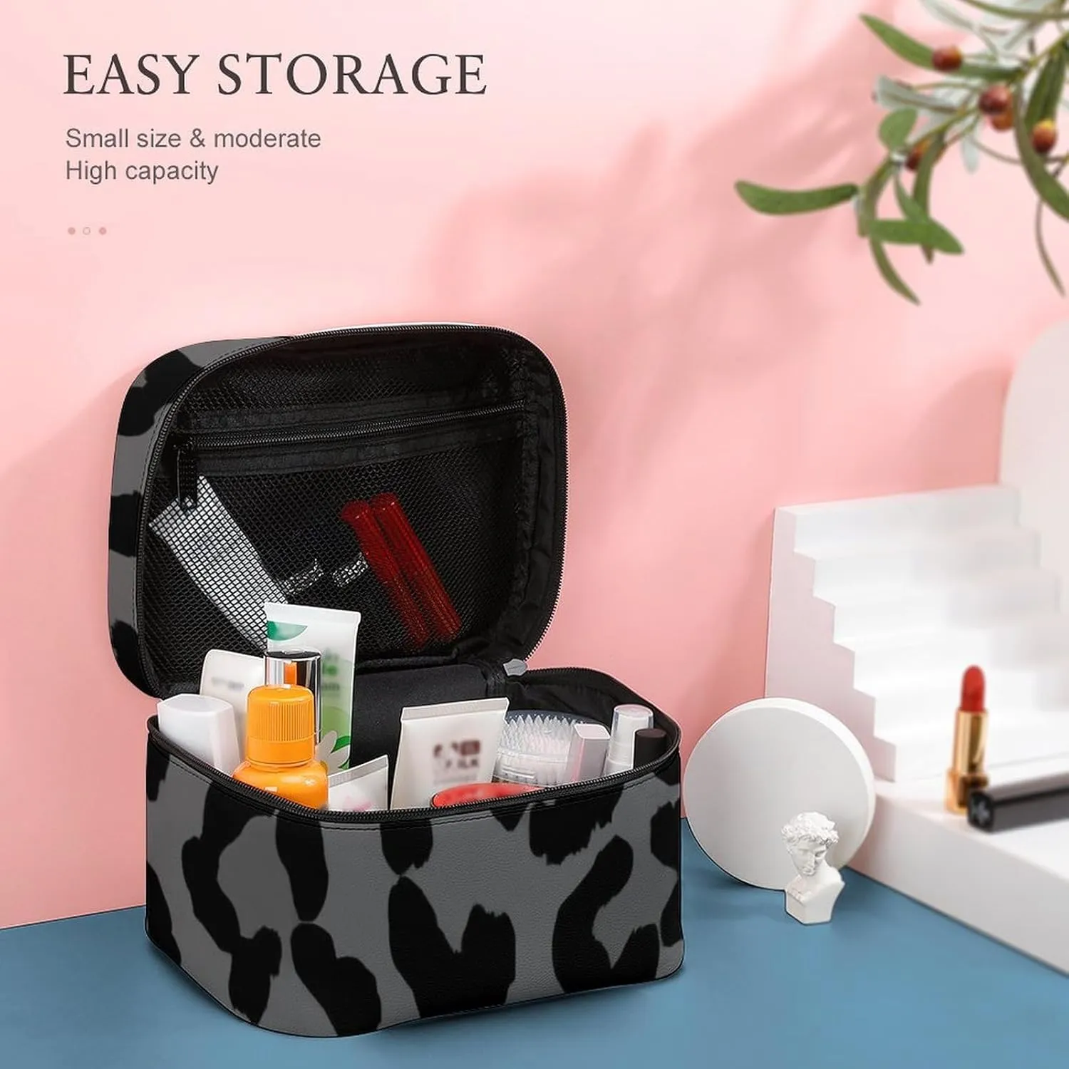 Make Up Bags Dark Gray Black Leopard Cheetah Print Cosmetics Organizer Case for Women, Travel Toiletry Brushes Storage Bag with Carry Handle