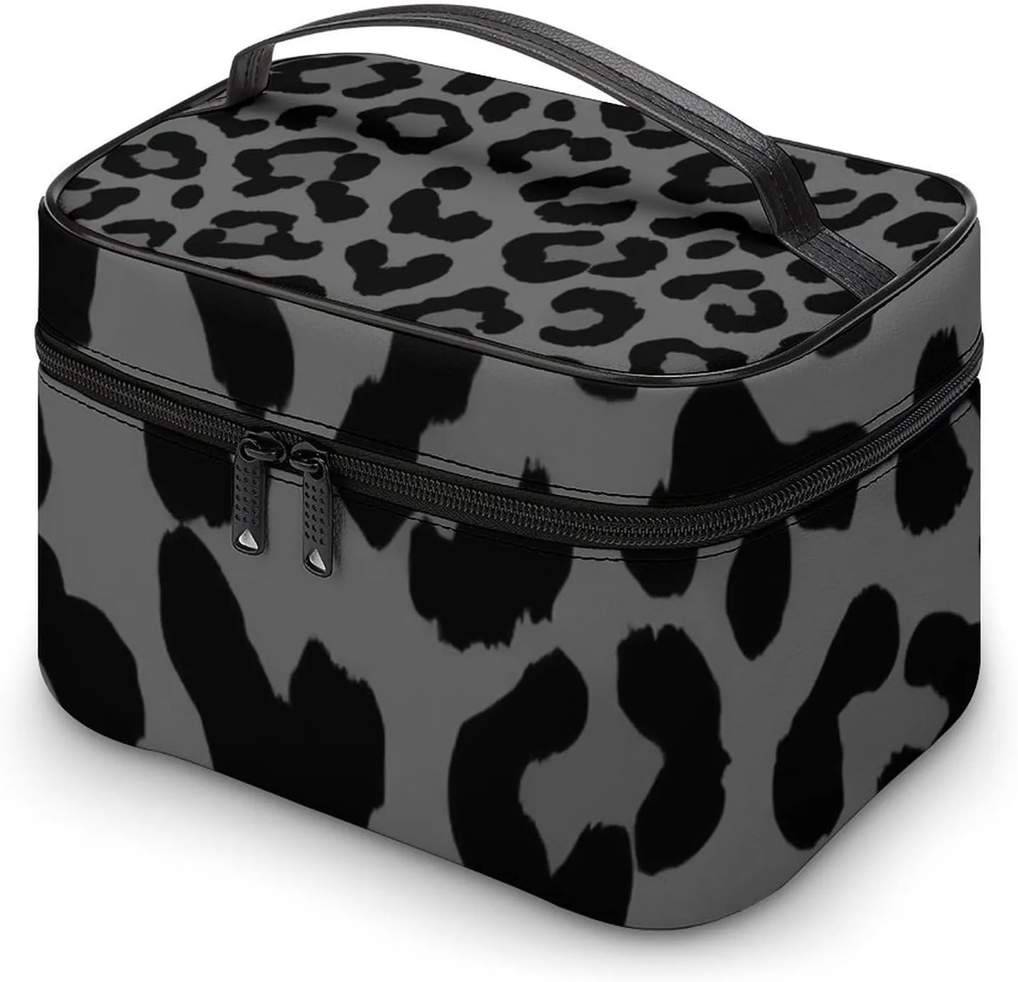 Make Up Bags Dark Gray Black Leopard Cheetah Print Cosmetics Organizer Case for Women, Travel Toiletry Brushes Storage Bag with Carry Handle