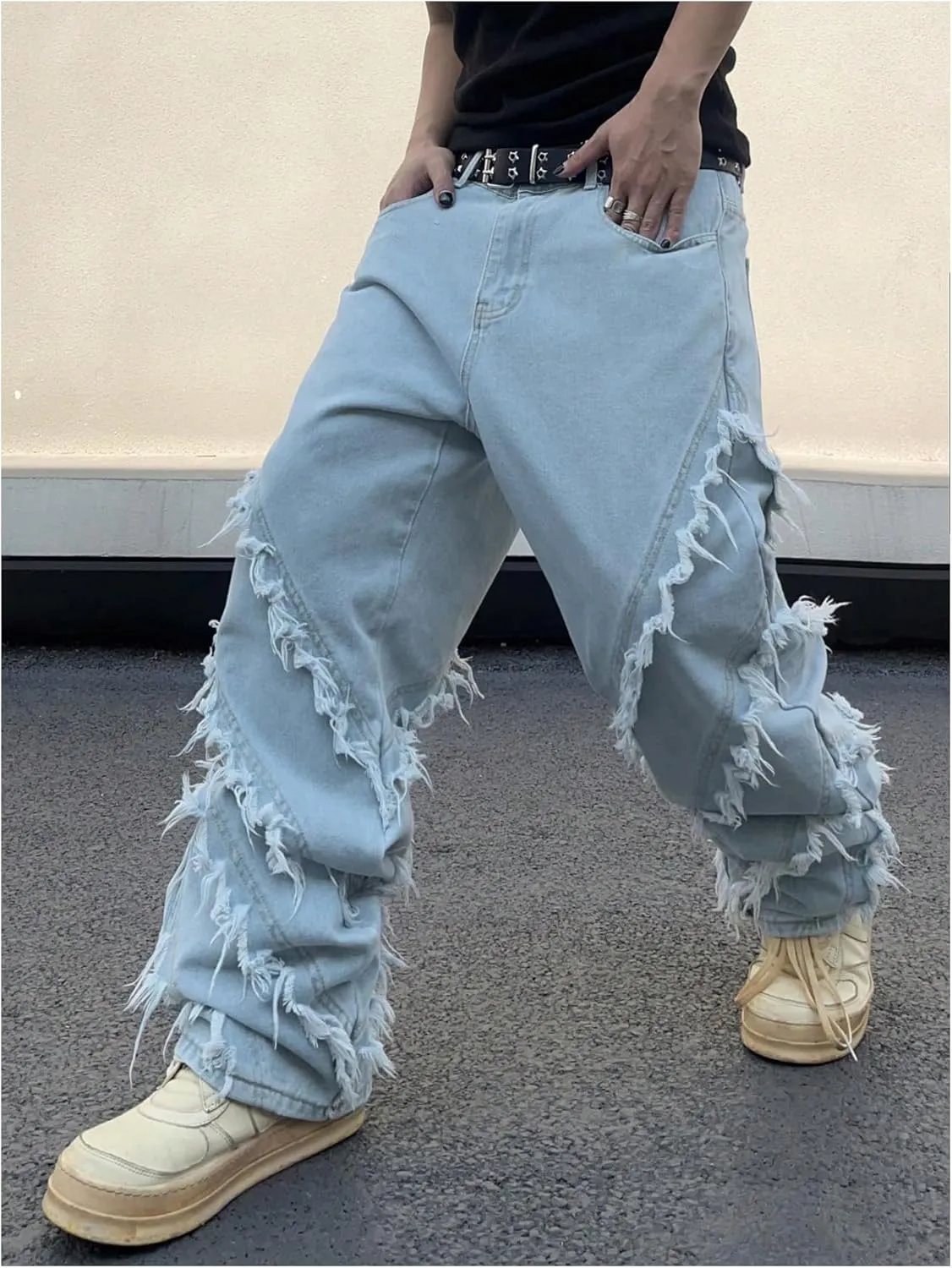 MakeMeChic Men's Ripped Baggy Cargo Jeans Distressed Loose Zip Fly Wide Leg Denim Pants