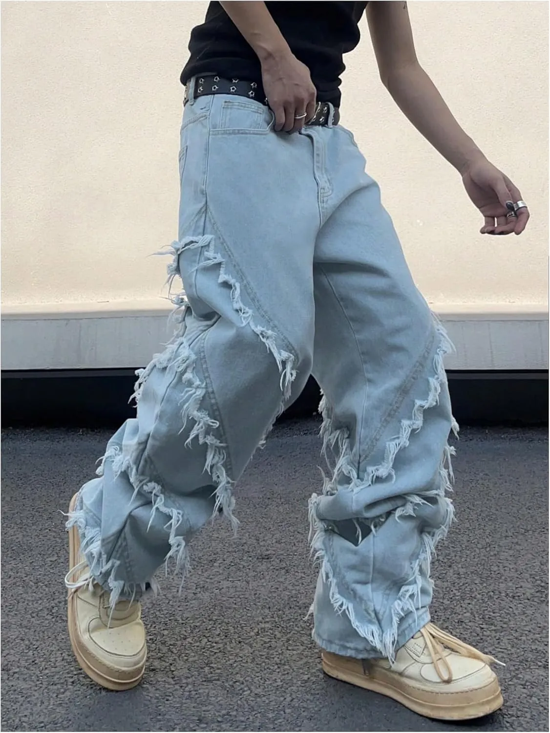 MakeMeChic Men's Ripped Baggy Cargo Jeans Distressed Loose Zip Fly Wide Leg Denim Pants