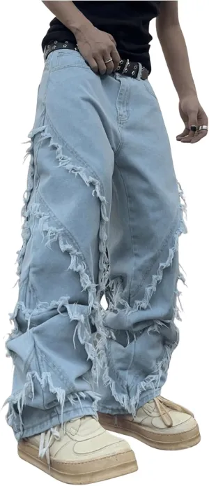 MakeMeChic Men's Ripped Baggy Cargo Jeans Distressed Loose Zip Fly Wide Leg Denim Pants