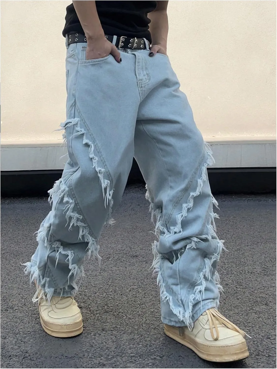 MakeMeChic Men's Ripped Baggy Cargo Jeans Distressed Loose Zip Fly Wide Leg Denim Pants