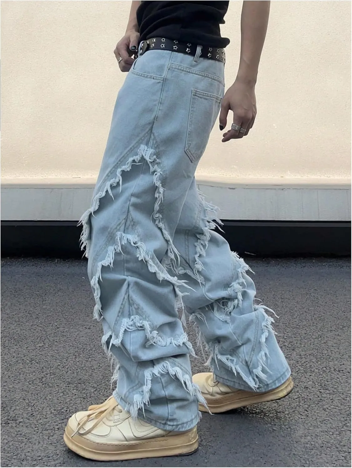 MakeMeChic Men's Ripped Baggy Cargo Jeans Distressed Loose Zip Fly Wide Leg Denim Pants