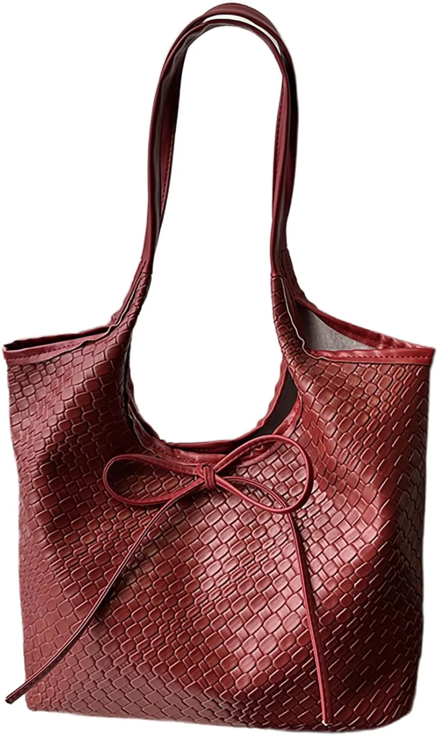 MakeMeChic Women's Faux Leather Bow Shoulder Handbag Double Handle Travel Tote Bag