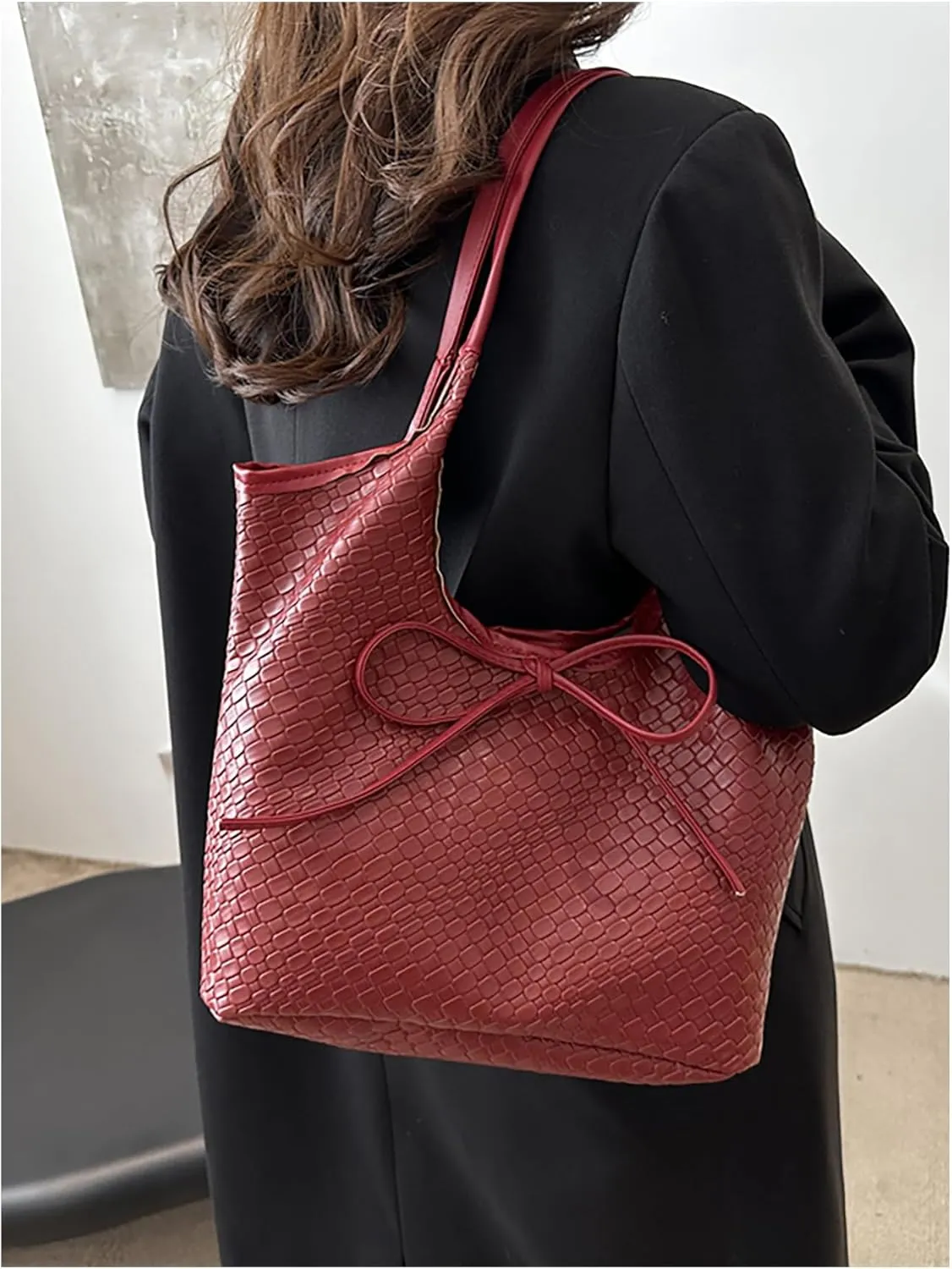 MakeMeChic Women's Faux Leather Bow Shoulder Handbag Double Handle Travel Tote Bag