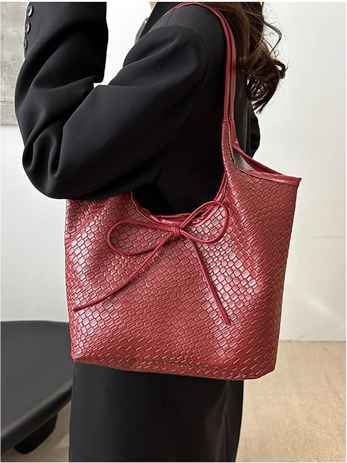 MakeMeChic Women's Faux Leather Bow Shoulder Handbag Double Handle Travel Tote Bag
