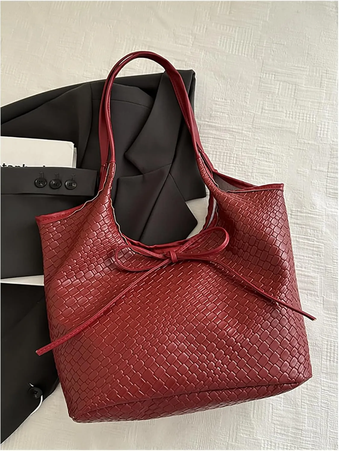 MakeMeChic Women's Faux Leather Bow Shoulder Handbag Double Handle Travel Tote Bag