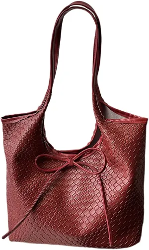 MakeMeChic Women's Faux Leather Bow Shoulder Handbag Double Handle Travel Tote Bag