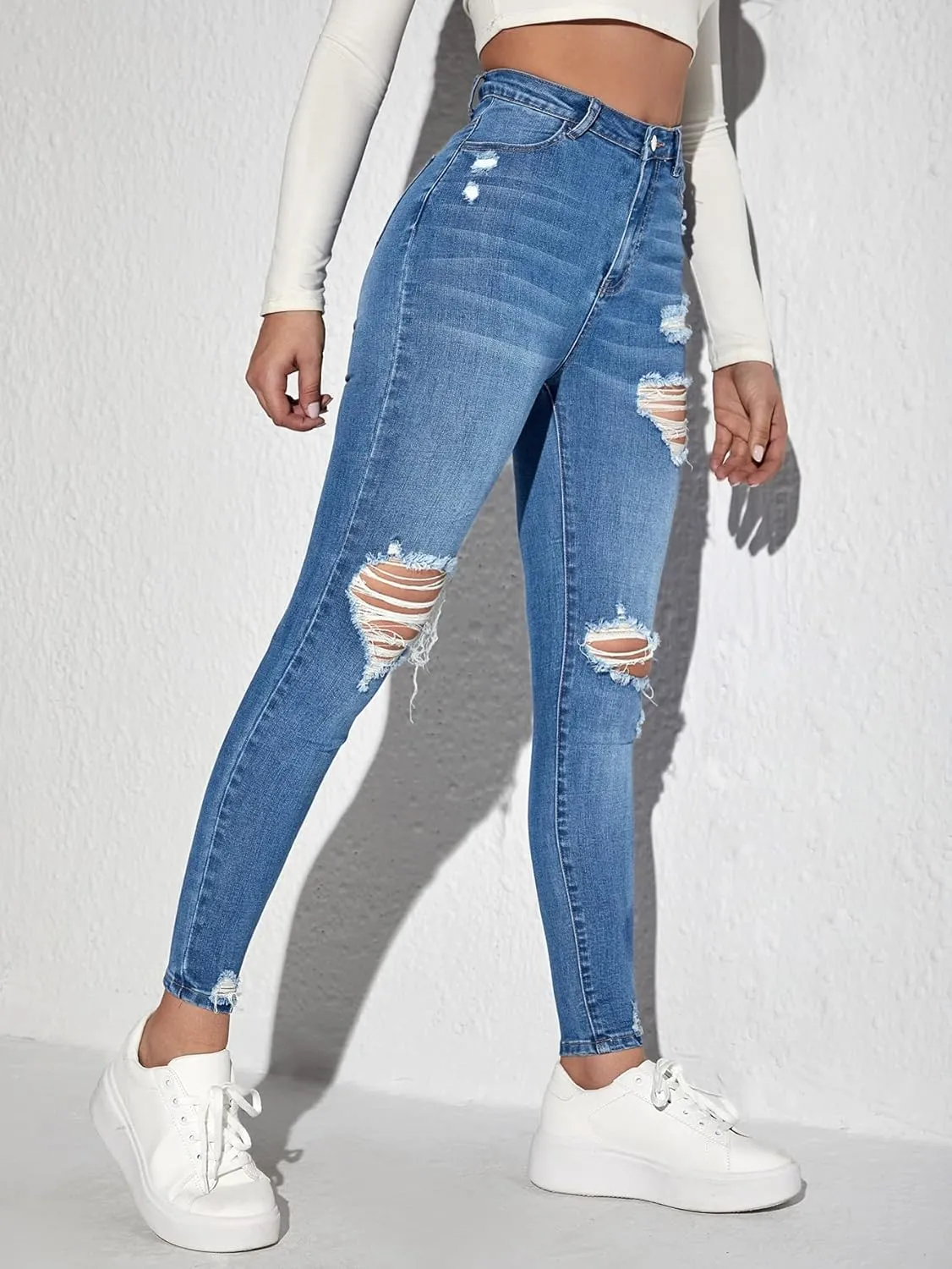 MakeMeChic Women's Ripped Skinny Jeans Casual High Waisted Distressed Stretch Denim Pants