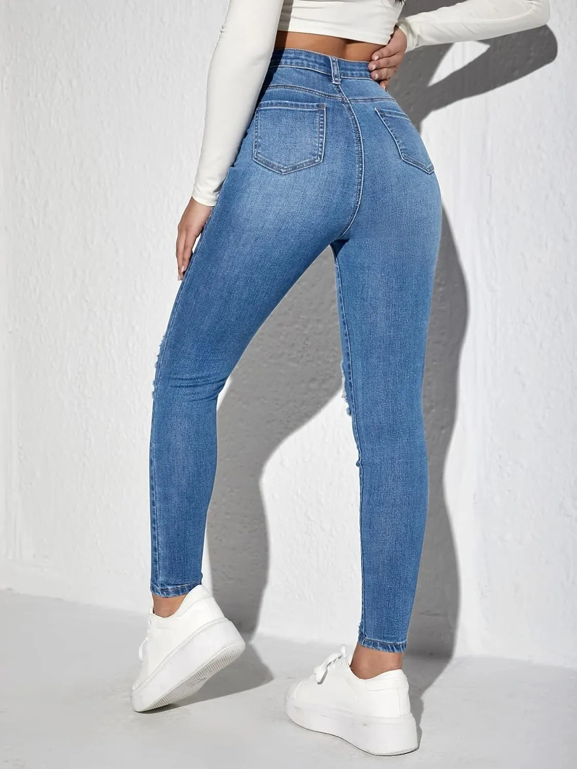 MakeMeChic Women's Ripped Skinny Jeans Casual High Waisted Distressed Stretch Denim Pants