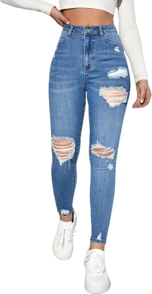 MakeMeChic Women's Ripped Skinny Jeans Casual High Waisted Distressed Stretch Denim Pants