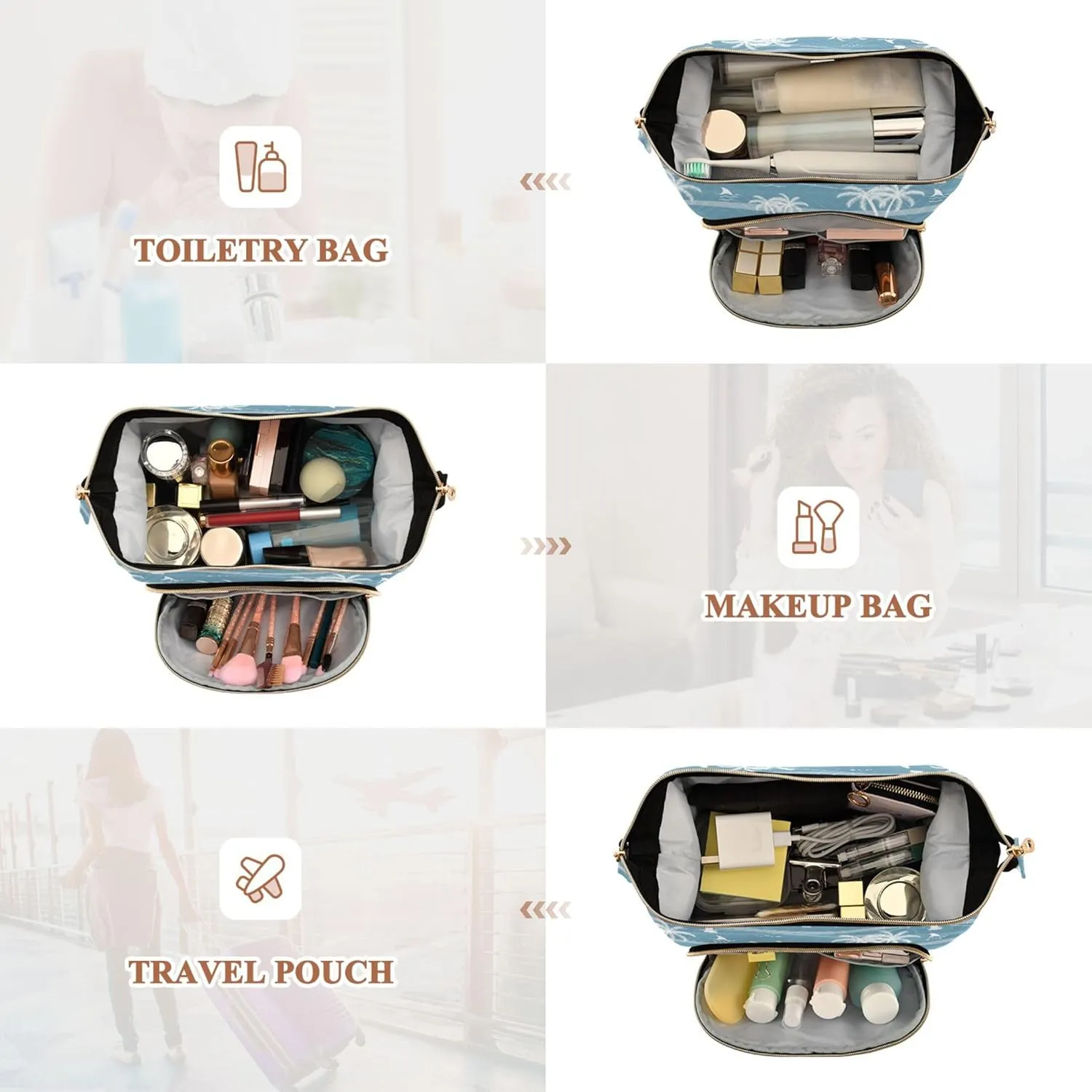 Makeup Bag Cosmetic Bag, Beach Simple Boho Large Capacity Travel Pouch Makeup Case Organizer for Women Toiletry Bag with Zipper for Ladies Girls