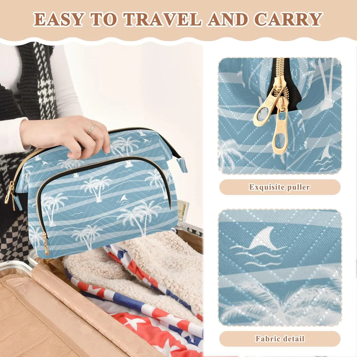 Makeup Bag Cosmetic Bag, Beach Simple Boho Large Capacity Travel Pouch Makeup Case Organizer for Women Toiletry Bag with Zipper for Ladies Girls