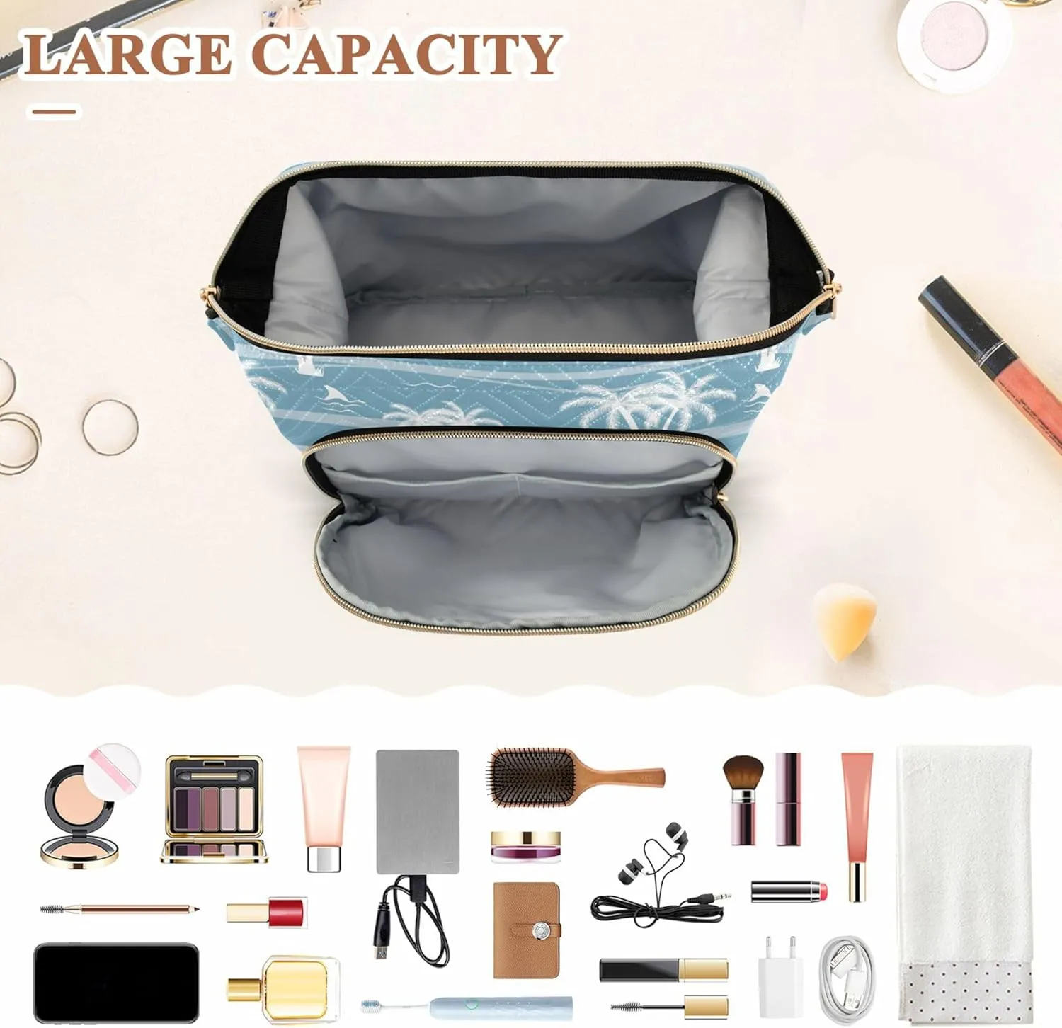 Makeup Bag Cosmetic Bag, Beach Simple Boho Large Capacity Travel Pouch Makeup Case Organizer for Women Toiletry Bag with Zipper for Ladies Girls