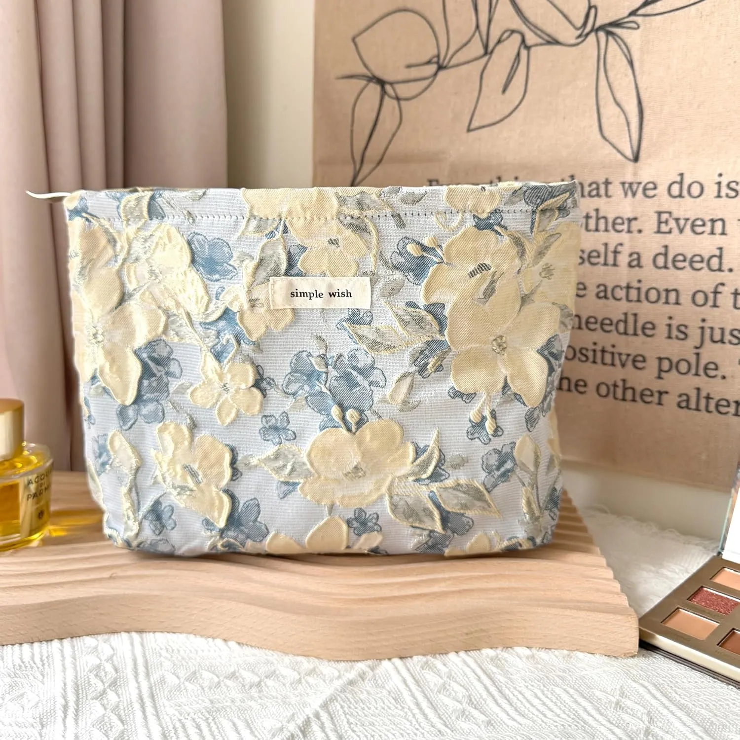 Makeup Bag Cosmetic bag Embroidery Preppy Canvas Toiletry Bag for women Cute zipper pouch Organizer Travel accessories (01-Blue Beige Embossing, Large)