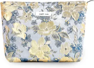 Makeup Bag Cosmetic bag Embroidery Preppy Canvas Toiletry Bag for women Cute zipper pouch Organizer Travel accessories (01-Blue Beige Embossing, Large)