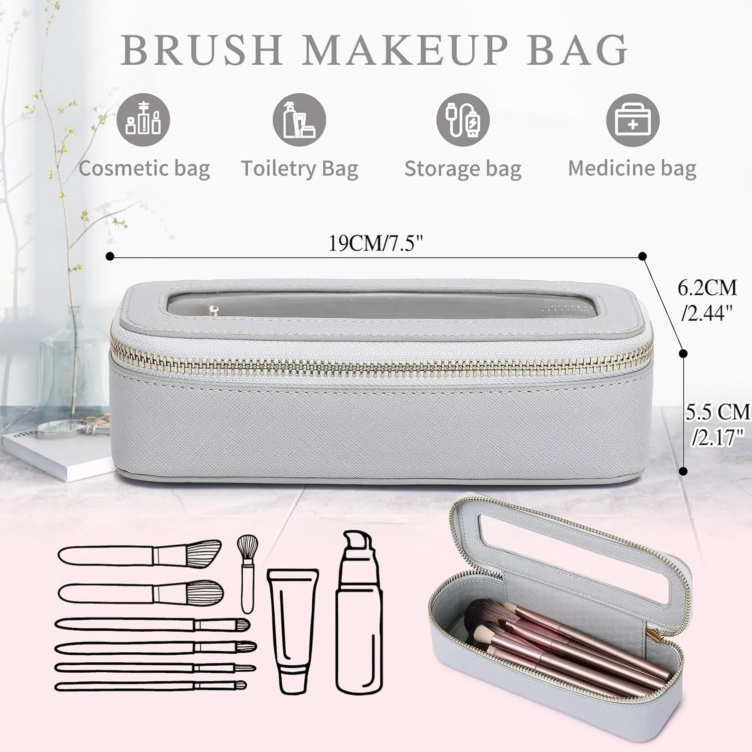 Makeup Brush Bag Slim Clear Makeup Bag Transparent Travel Cosmetic Case & Toiletry Bag with Zipper Small Beatuy Makeup Bag Purse Organizer for Women (Gray, SLIM)