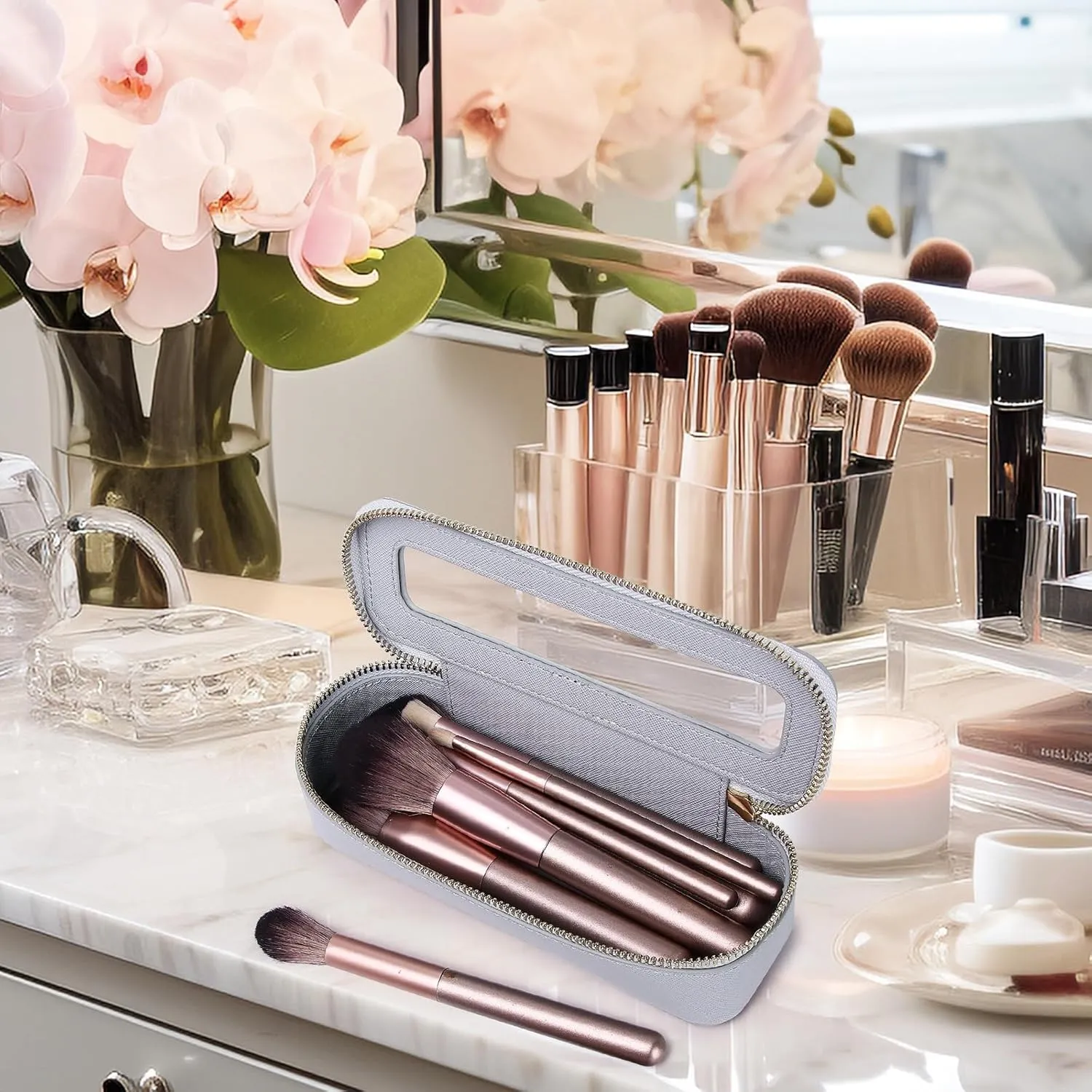 Makeup Brush Bag Slim Clear Makeup Bag Transparent Travel Cosmetic Case & Toiletry Bag with Zipper Small Beatuy Makeup Bag Purse Organizer for Women (Gray, SLIM)