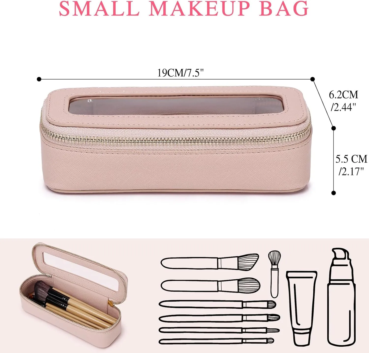 Makeup Brush Bag Slim Clear Makeup Bag Transparent Travel Cosmetic Case & Toiletry Bag with Zipper Small Beatuy Makeup Bag Purse Organizer for Women (Pink, SLIM)