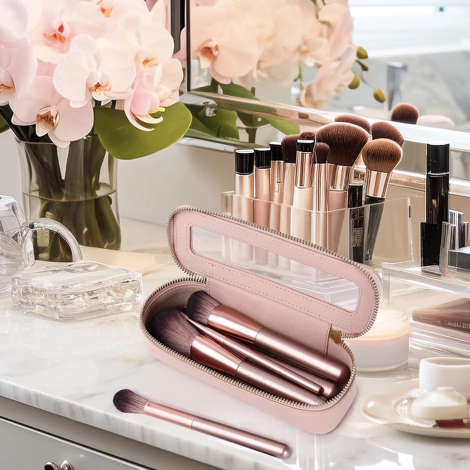 Makeup Brush Bag Slim Clear Makeup Bag Transparent Travel Cosmetic Case & Toiletry Bag with Zipper Small Beatuy Makeup Bag Purse Organizer for Women (Pink, SLIM)