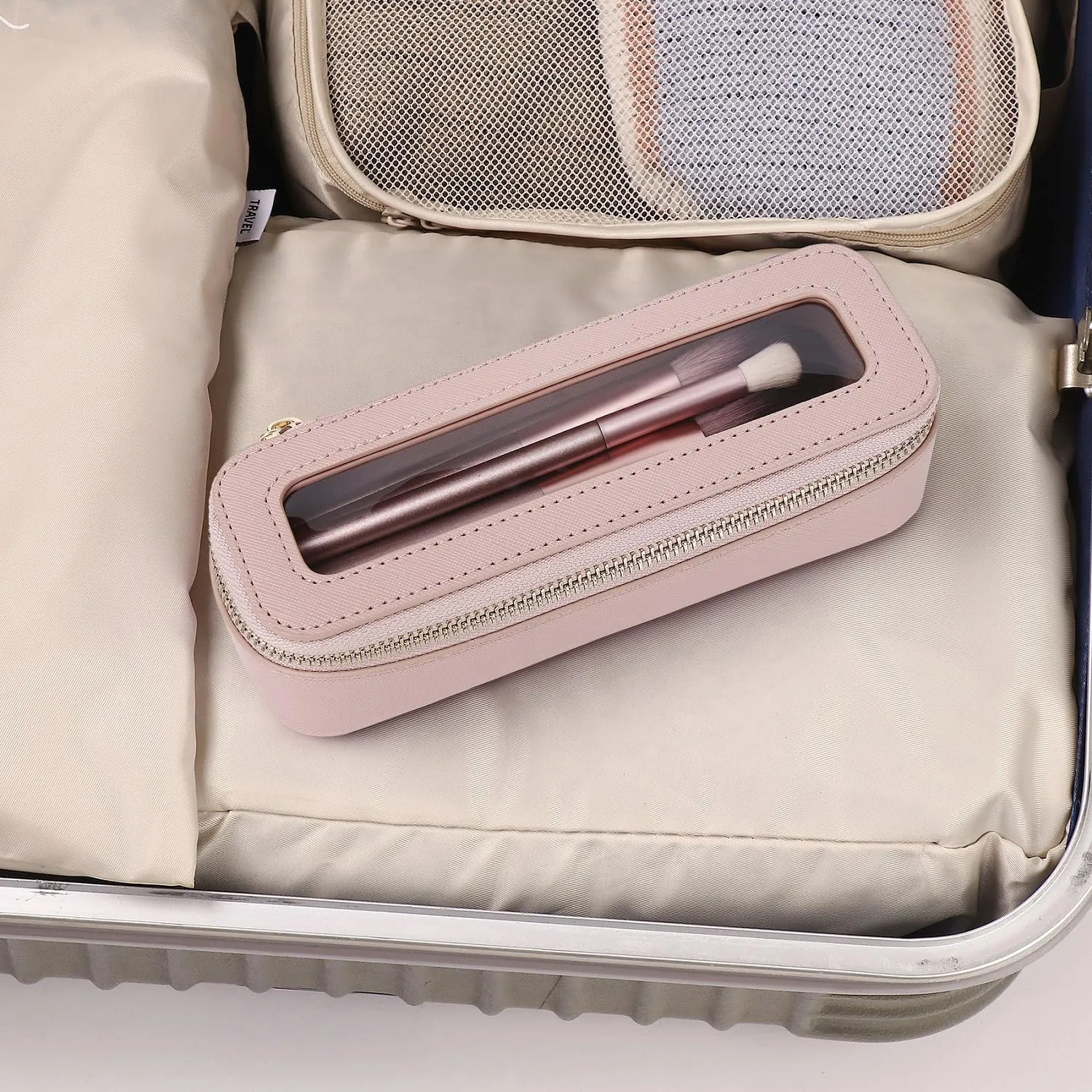Makeup Brush Bag Slim Clear Makeup Bag Transparent Travel Cosmetic Case & Toiletry Bag with Zipper Small Beatuy Makeup Bag Purse Organizer for Women (Pink, SLIM)