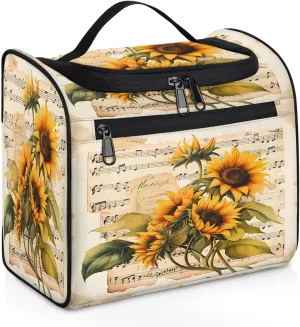 Makeup Organizer Bag Vintage Music Stave Sunflowers Large Cosmetic Bag for Women Men Hanging Makeup Case with Handle, Double Zipper Cosmetic Case for Travel Vacations Gift