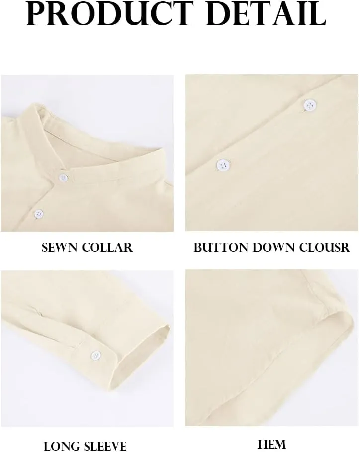 Makkrom Men Linen Shirt Button Down Long Sleeve Cotton Beach Band Collar Casual Summer Shirts