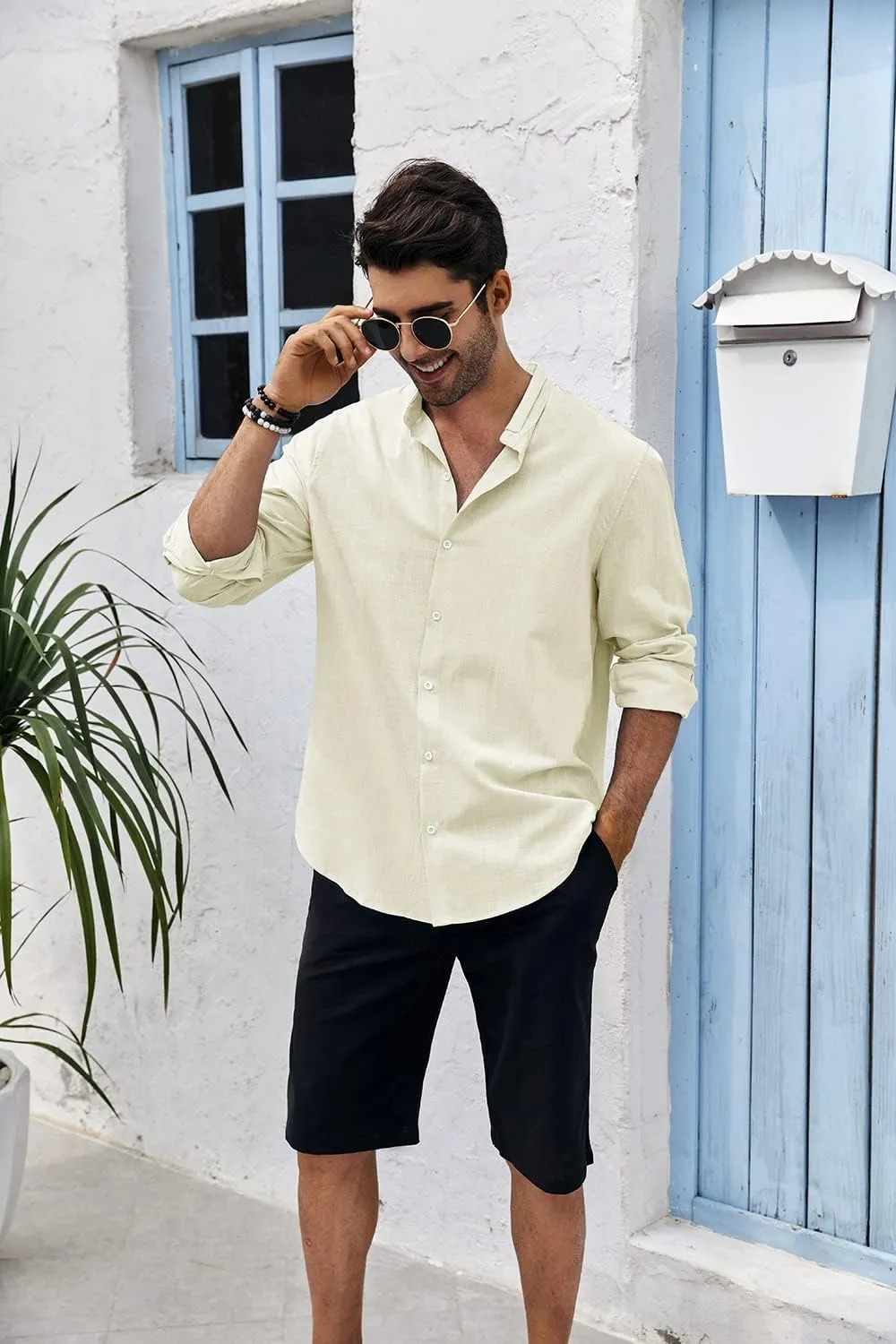 Makkrom Men Linen Shirt Button Down Long Sleeve Cotton Beach Band Collar Casual Summer Shirts