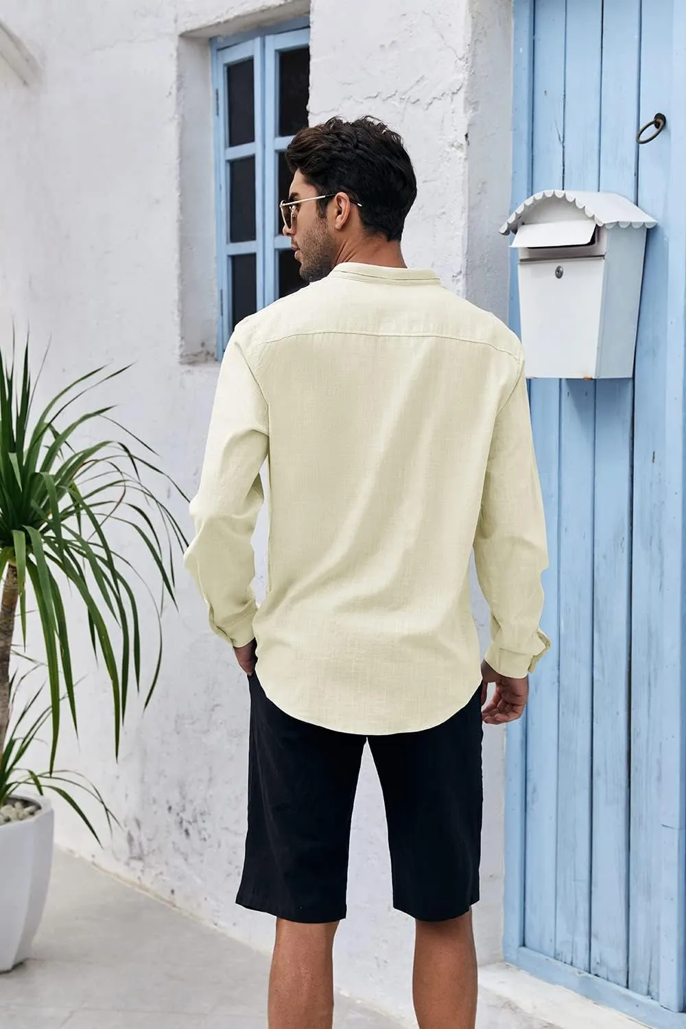Makkrom Men Linen Shirt Button Down Long Sleeve Cotton Beach Band Collar Casual Summer Shirts