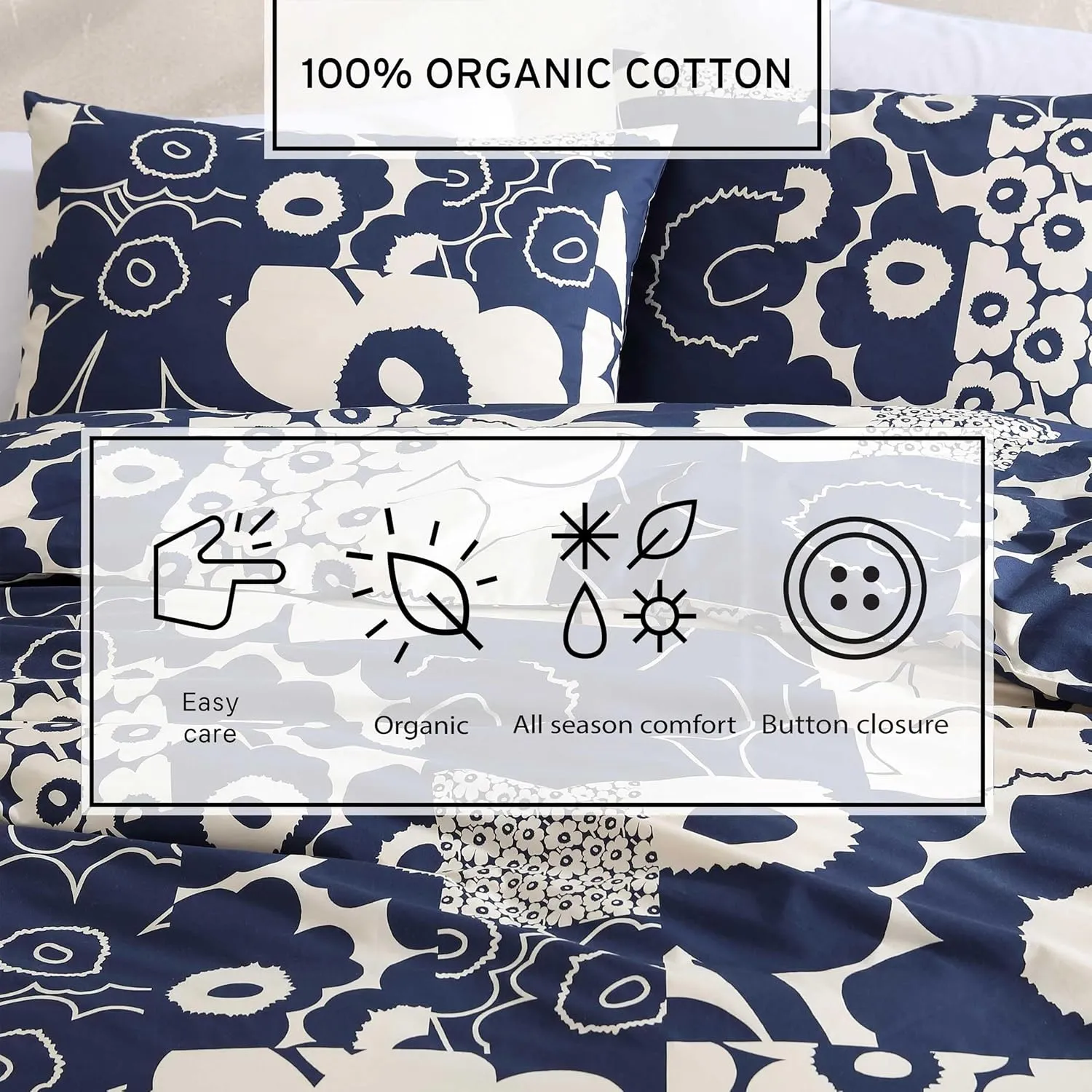 Marimekko - Full/Queen Duvet Cover Set, Premium Cotton Bedding with Matching Shams, Floral Home Decor (Unikko Kollaasi Blue, Full/Queen)