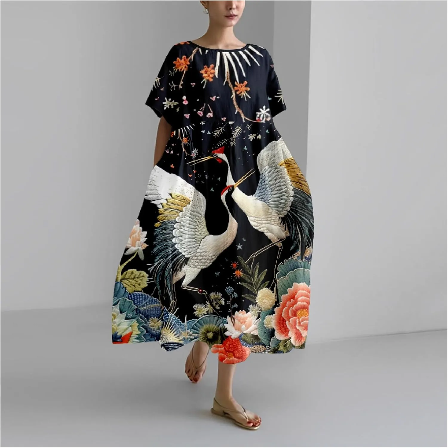 MARSVOVO Summer Dresses for Women 2024 Boho Plus Size Short Sleeve Loose Crew Neck Casual Beach Maxi Dresse for Women