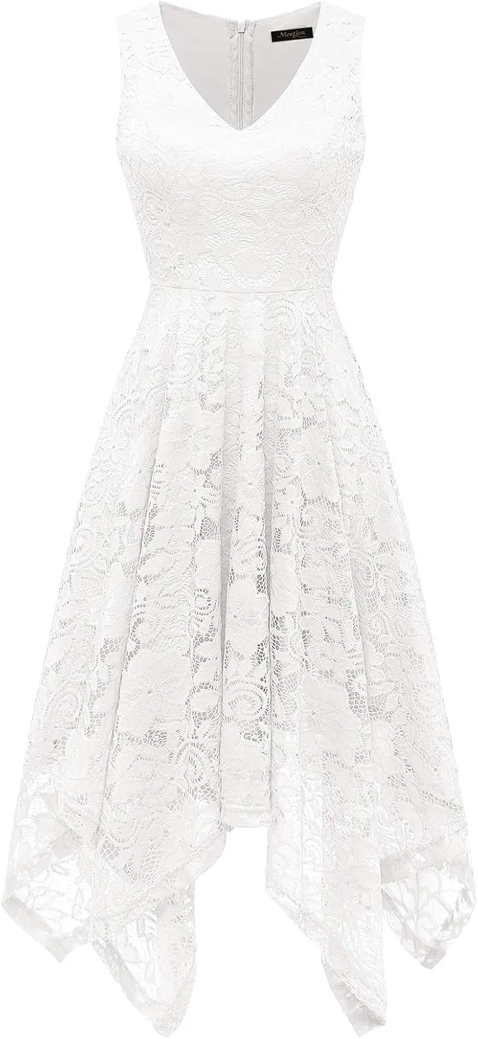 Meetjen Women's Lace Cocktail Party Dress 2025 Handkerchief Hem Bridesmaid Prom Formal Dresses for Wedding Guest
