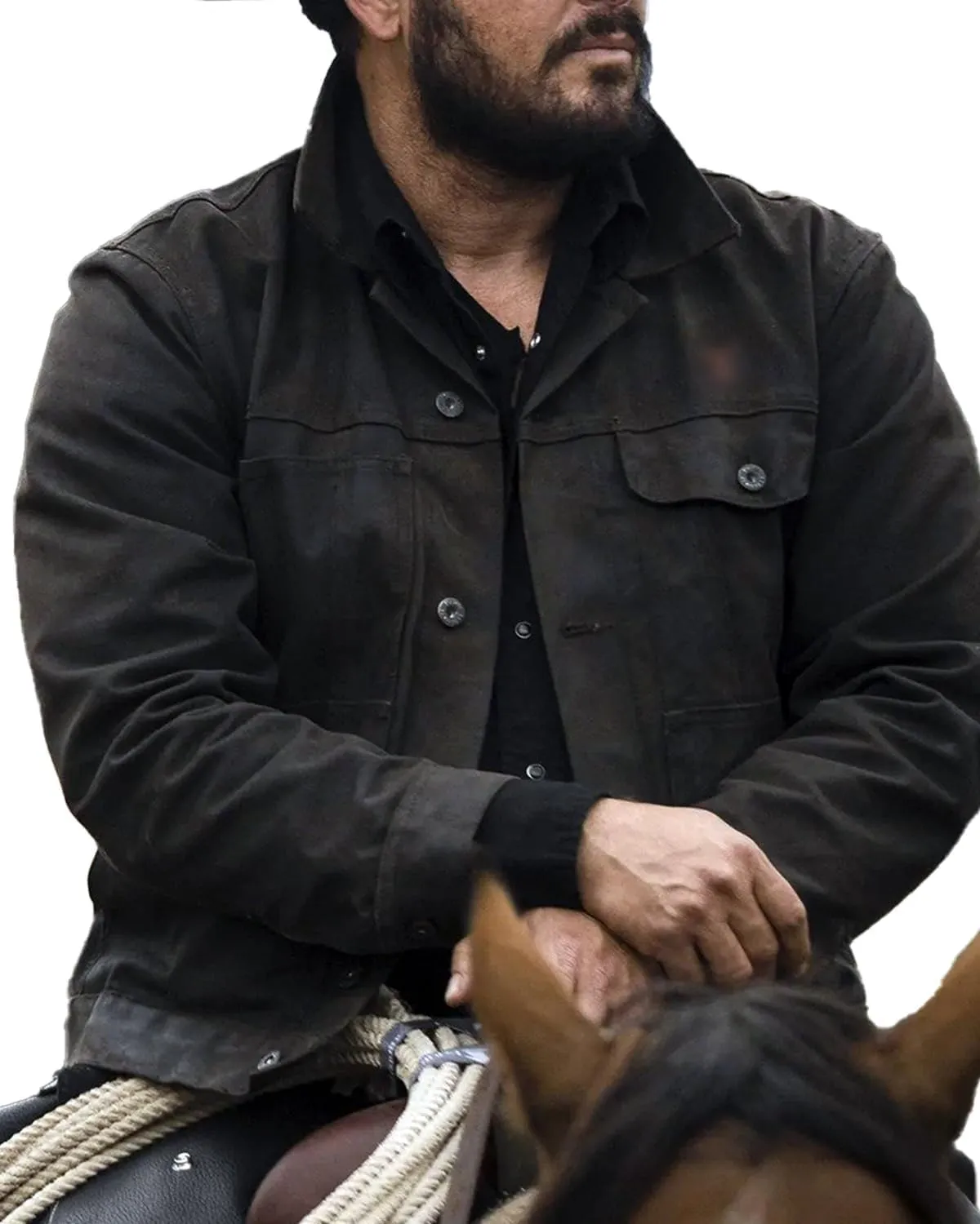 Men Cole Hauser Rip Stone Wheeler Black lightweight Ranch Cowboy Costume Jacket in Rigid Jean Denim and Suede Leather
