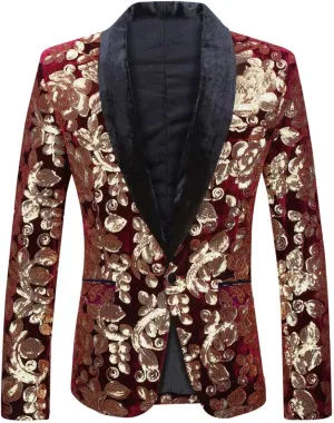 Men Fashion Velvet Sequins Floral Pattern Suit Jacket Blazer