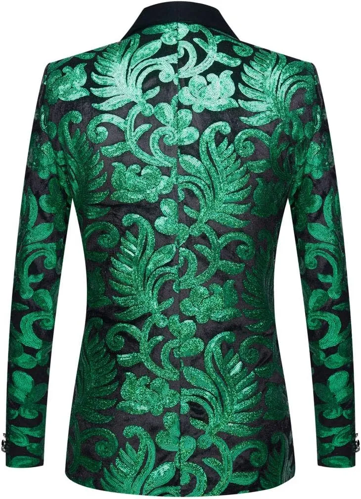 Men Fashion Velvet Sequins Floral Pattern Suit Jacket Blazer